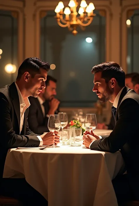 Cristiano and Messi are in the restaurant eating