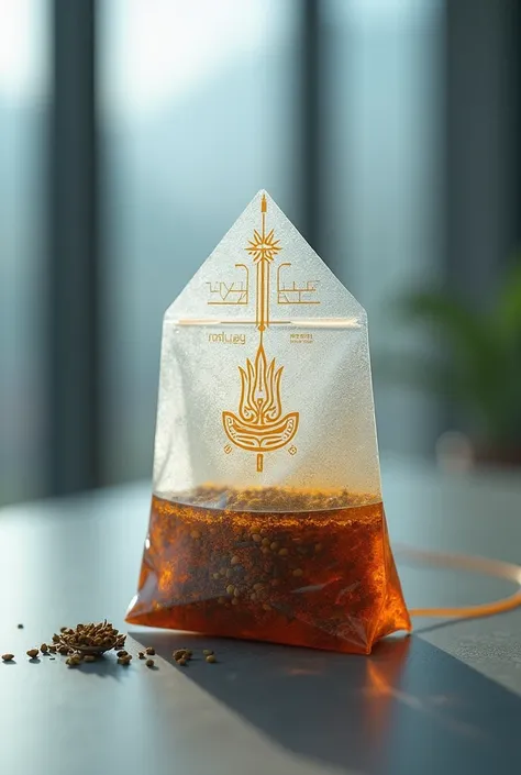 A tea bag design that combines traditional Mongolian tea bags with overfuturistic technology. The bag has a modern minimalist and technological feel while retaining elements of Mongolian culture. The image is created based on the detailed description below...