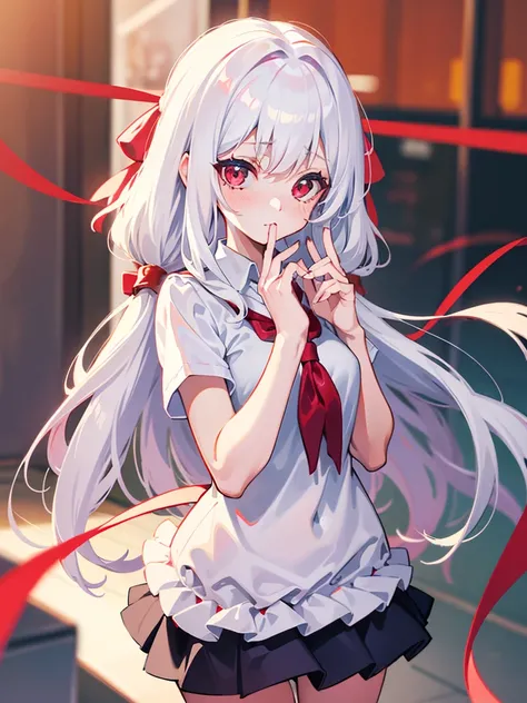 High definition, 16k, 1 woman, red eyes, , High school student,  long white hair at school,  cute girl, summer ,  short skirt ,  red ribbon , cute eyes, school, Perfect Hands, Blusher,  looking at the front, Im ashamed, Lori