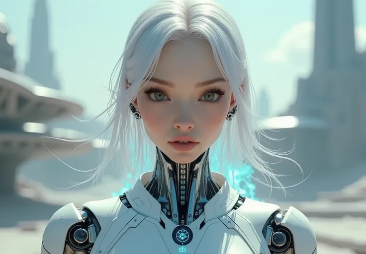  Create me a female robot with very high, realistic ,  human features photo high-resolution ,  frontal with futuristic background 