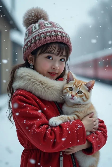 Best texture， high quality， Ultra HD，8k， full-body photo ，panoramic，snow，snow花飞舞， busy train station， girl holding cat ,Sitting,  silver jewelry ，Rising with the wind，multicolored gifts ，reality， Very detailed， high detail ， Ultra HD，