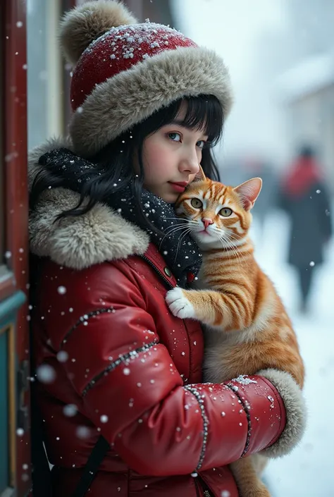 Best texture， high quality， Ultra HD，8k， full-body photo ，panoramic，snow，snow花飞舞， busy train station， girl holding cat ,Sitting,  silver jewelry ，Rising with the wind，multicolored gifts ，reality， Very detailed， high detail ， Ultra HD，