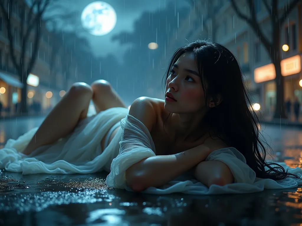 A photorealistic girl with a mesmerizing gaze, lie down on the super-car hood in the center of the town square, with folded arms on the chest, battered by a torrential windstorm and heavy rain, wrapped with a flowing long tulle scarf, showcasing flawless l...