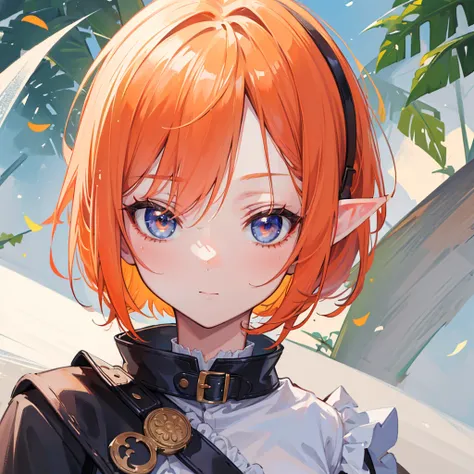 (( best quality)), ((masterpiece)), ( Details),  perfect face,juvenile,Bob Head ,Orange Hair,Elf