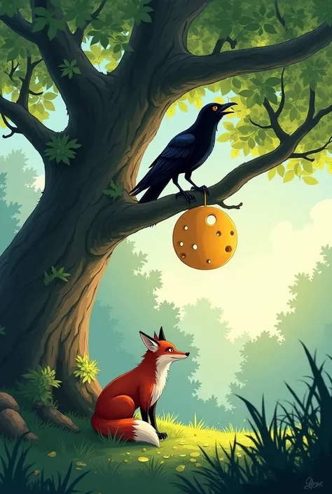  Anime to Krvlovs fable  "A crow and a fox ".  A crow sits on a sprawling tree holding a large piece of cheese in its beak.  A red fox sits under a tree and  , with the year up  , looks at the crow .