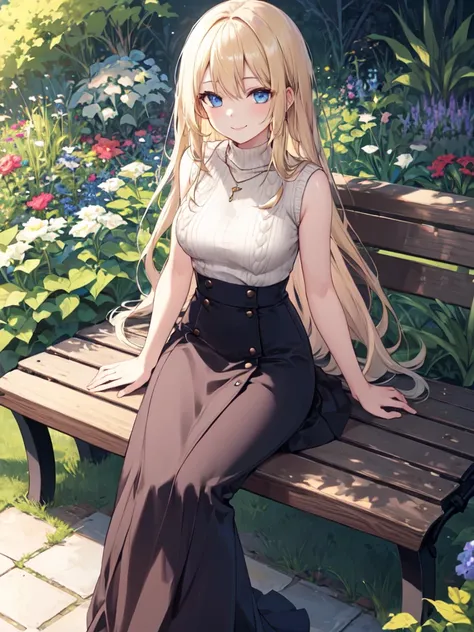  1 girl, solo, Blonde,  long hair, Straight Hair, Beautiful breasts, medium chest ,Sleeveless knit sweater, High Waist Skirt, Long Skirt, Necklaces , blue eyes, Droopy eyes,  smiles, closes her mouth,  Seductive Smile , is sitting on a bench, high definiti...