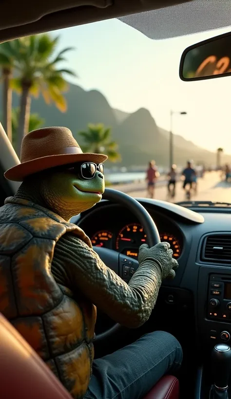 Here’s the prompt with a turtle driving at Aterro do Flamengo:

"A hyper-realistic image of an anthropomorphic turtle wearing a casual hat and sunglasses, seated in the driver’s seat of a car cruising through Aterro do Flamengo in Rio de Janeiro. The turtl...