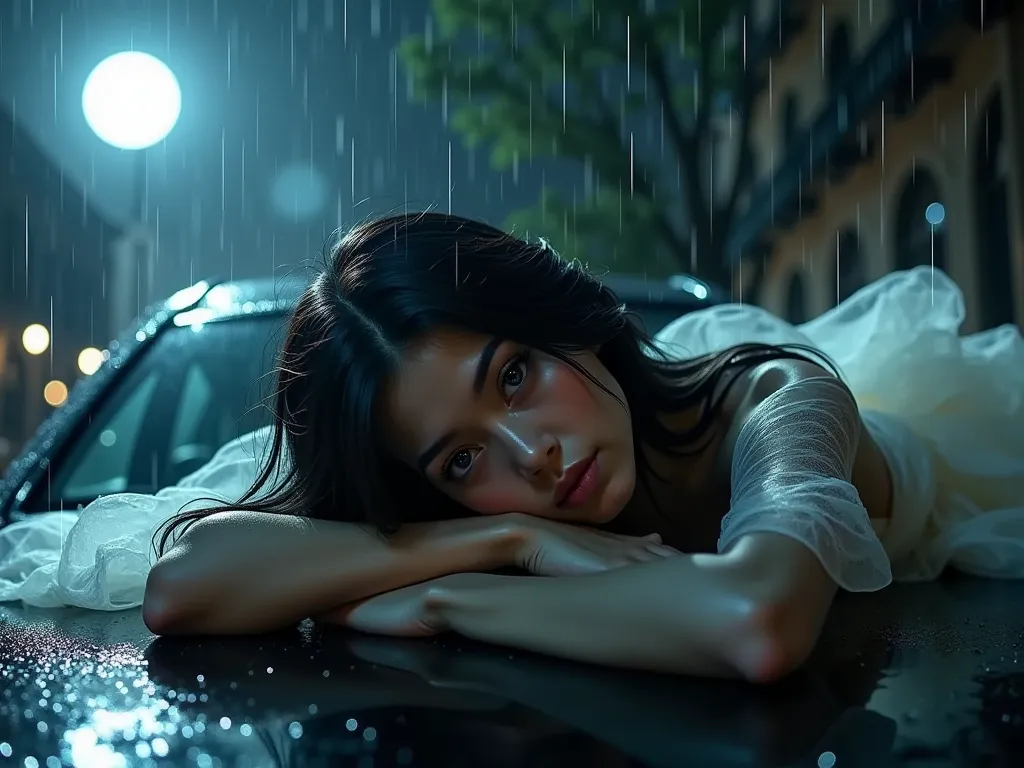 a photorealistic girl with a mesmerizing gaze, lie down on the super-car hood with folded arms on the chest, battered by a torre...