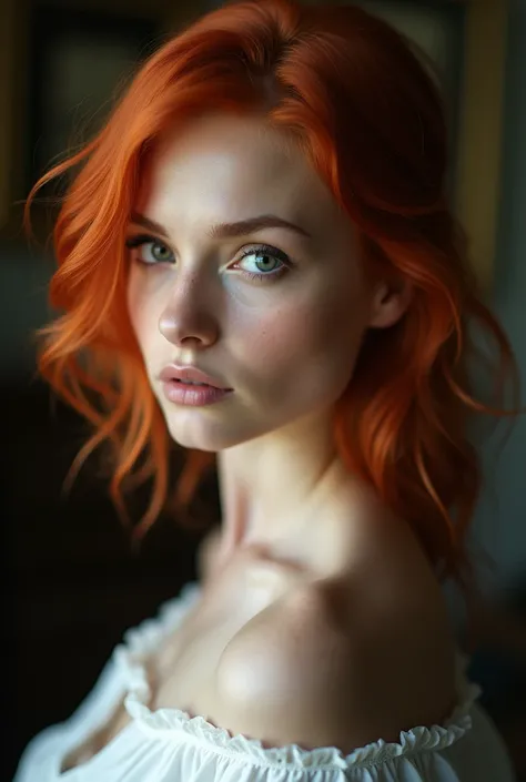 A close up of a woman with a white top and red hair, hole body.