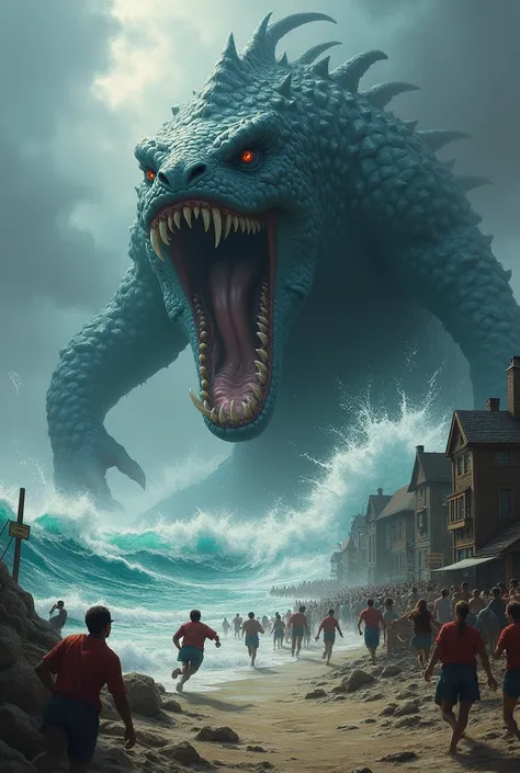 Image of a sea monster emerging from the water and people running scared 