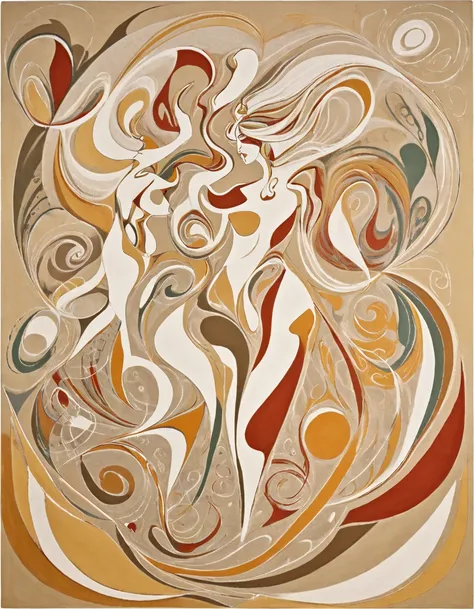 Sand is scattered on a canvas and the resulting shapes are used to create an painting. Women Shape, "Maenad", Abstract Feminine Forms, Automatic Drawing, art by André Masson, Sand painting