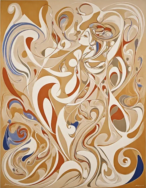 Sand is scattered on a canvas and the resulting shapes are used to create an painting. Women Shape, "Maenad", Abstract Feminine Forms, Automatic Drawing, art by André Masson, Sand painting