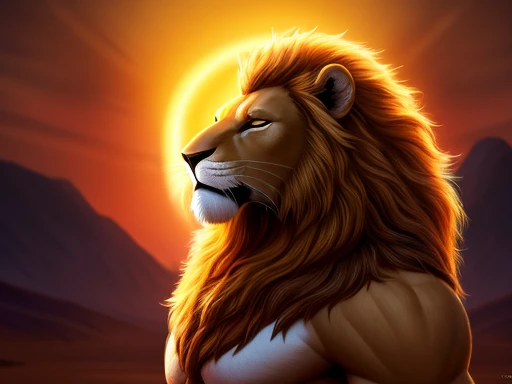 ( best quality, 4K,  highres icon,   masterpiece :1.2),  belt, realistic,   full muscular male body  , Lions head with large mane  , eyes closed, vaishnava tilak na testa ,meditation, detailed facial features ,expression of desire,serene posture ,peaceful ...