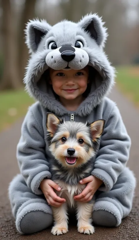 Create a playful scene featuring a person dressed in a fluffy grey wolf costume, complete with a hood that has ears and a snout, sitting next to a small dog. The person’s face is visible through the open mouth of the costume. They are outdoors, possibly in...