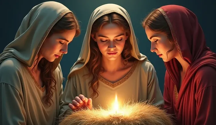 Please create artwork for me that will be used for a series of messages. The theme is: "The Women of Christmas: Lives that Lead to the Messiah".  I will use 3 examples of biblical characters, Eve, Elizabeth and Mary. Create in aspect ratio to 16:9