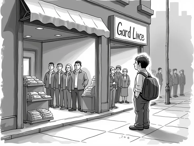 A shop owner feels sad because his business has no customers. Next door, another shop is bustling with people. The frustrated shop owner steps outside to look at his empty store, feeling disheartened by the contrast.