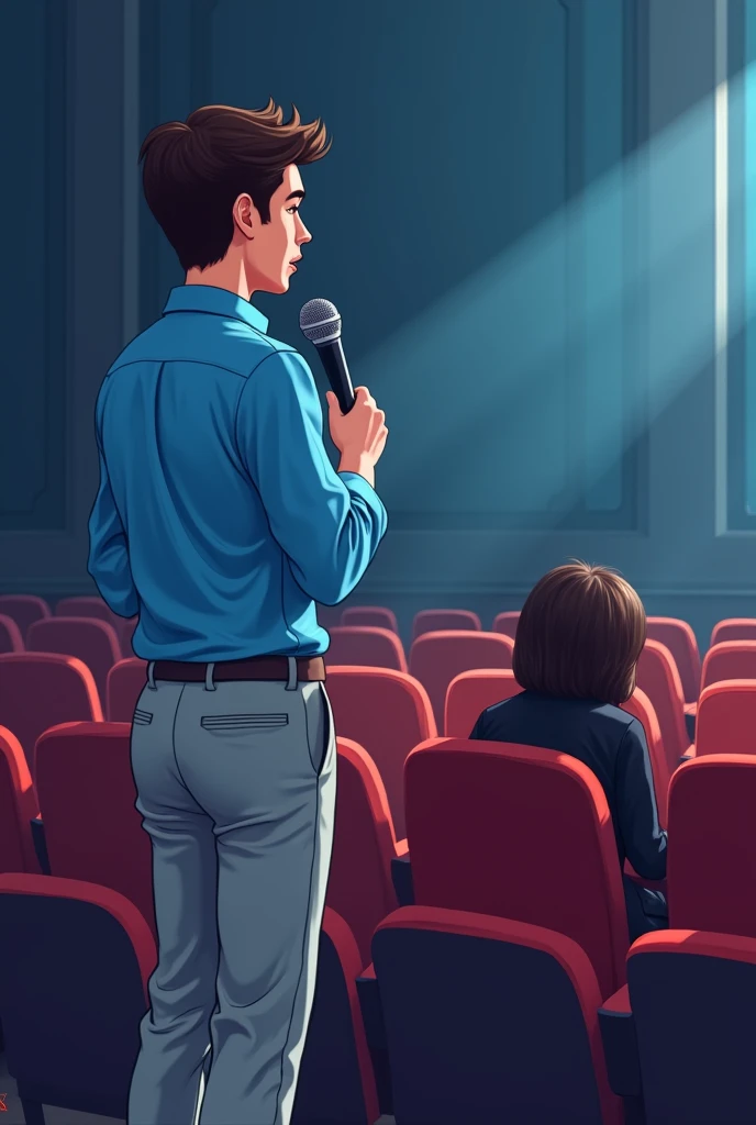 the boy wears blue shirt and light gray pant in a professional way . he stand infront of the stage and he speaks by mike . All are seated before him.there is a girl who wears black shalwar and sit on  the chair in the auditorium and looking at him. he shou...