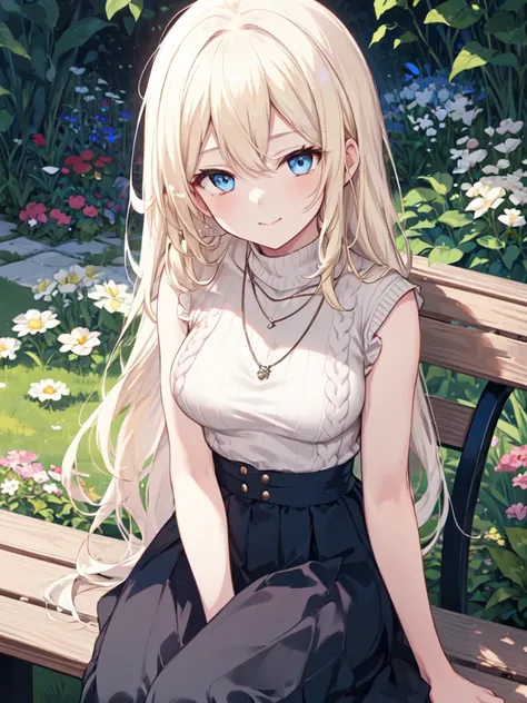  1 girl, solo, Blonde,  long hair, Straight Hair, Beautiful breasts, medium chest ,Sleeveless knit sweater, High Waist Skirt, long skirt, Necklaces , blue eyes, Droopy eyes,  smiles, closes her mouth,  Seductive Smile , is sitting on a bench, high definiti...