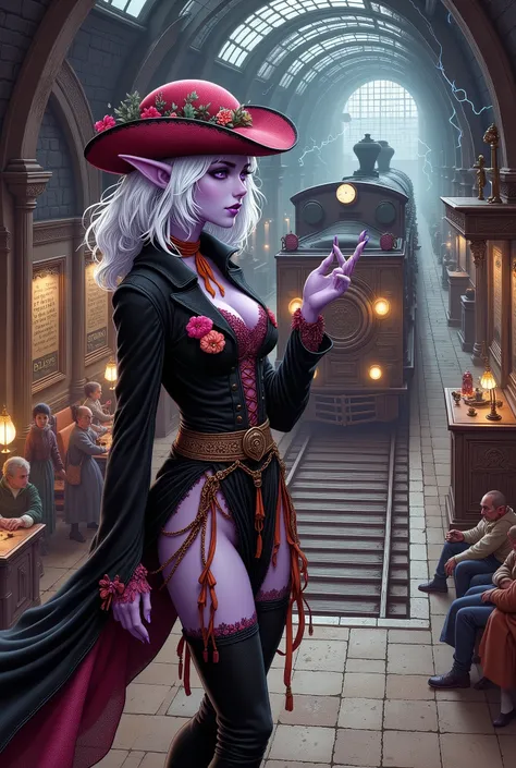 (Ultra-detailed face, Looking away, Fantasy Illustration with Gothic, Dark tone colors, Viewpoint from above looking down on the ground.), BREAK 
(The Dark Elf Woman Eternal Traveler is in a huge terminal station crowded with 18th century English ladies an...