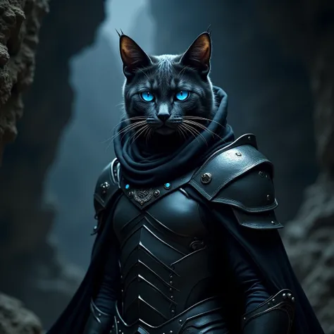 Le portrait dun chat démon humanoïde, In dark armor .  His eyes are deep blue .
 The creature is elegant but seems extremely powerful.
Lenvironnement dans laquelle elle se situe ressemble à une cavité,  in the heart of the underworld .