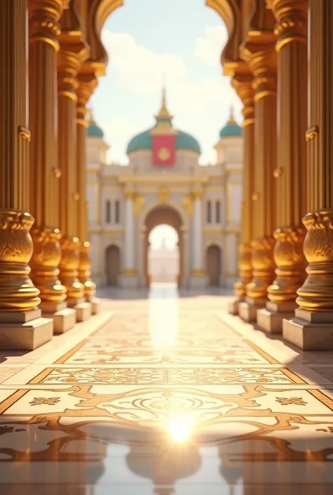 A magnificent palace courtyard with intricate marble flooring and towering golden pillars bathed in soft golden sunlight. The background is 60% blurred, showing the distant palace gates and fluttering banners, while the main focus remains on the glowing, p...