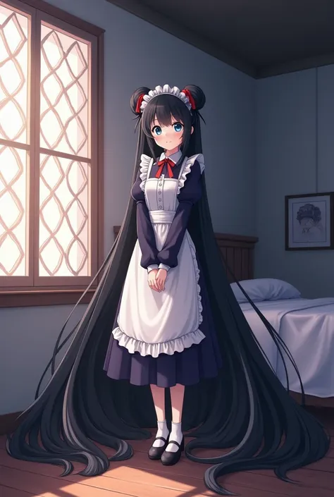 anime girl with super long black hair in bed room with stained windows, full body, 50 meters long hair, thick hair, long hair is flowing down to the ground like a waterfall at her feet,  which just keeps growing ever so slightly, touching the floor, huge b...