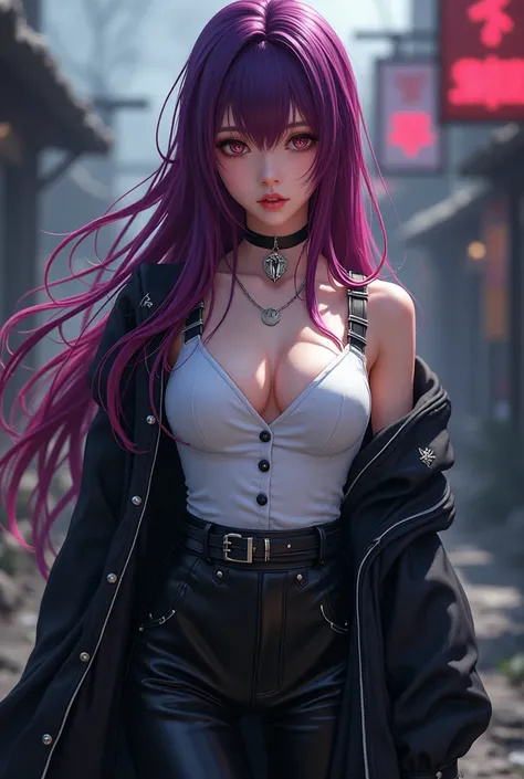 Create a cool Korean anime girl cinematic character, long emo hair with a purple to blood red gradient, wearing a black demon hunter robe with white straps and accents with a suit White shirt, wearing a necklace, wearing shiny black trousers, wearing white...