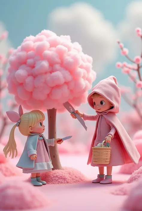 Stella a dollcuts through a pink cotton candy tree with a pocket knife, while Ella, a dollwearing a pastel cape, collects the fluffy treat in a basket.

