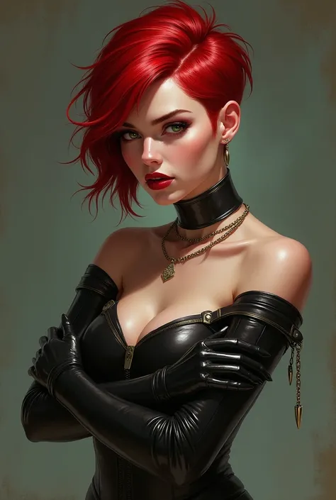 (high-level image quality), (high quality), (high resolution), (detailed), (masterpiece), beautiful young woman, ((caucasian)), green eyes, red hair, short hair, dark red lipstick, style viper from valorant, crossed arms