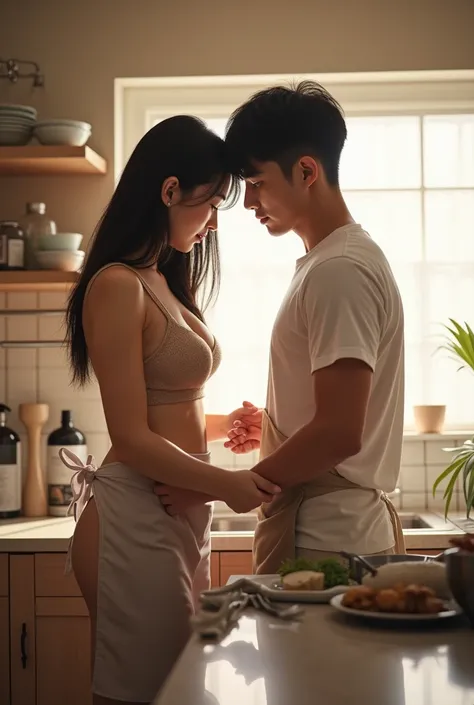  Two couples washing dishes together in the kitchen . female:  23 year old Korean beauty ,  tall , F cup voluptuous breasts , Muscular,  broad shoulder ,  small face ,  long straight hair,  wearing aprons over lingerie . male: 35세 한국 male,  short, 167 cm t...