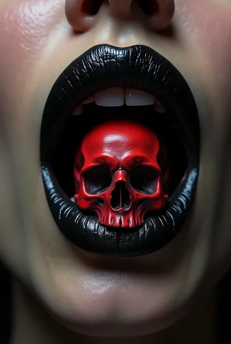 Womans mouth with black lips and there is said to be a skull on the lower lip of the mouth.   The skull should be red, details such as eyes and teeth should be clearly visible, the womans mouth should be slightly open and on the lower lip

