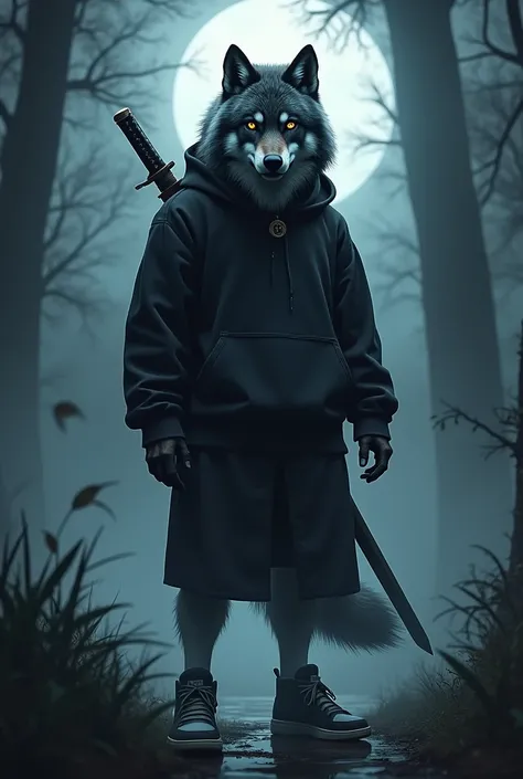 "A wolf dressed in a black hoodie and sneakers, carrying a samurai sword on his back, standing in the middle of a misty forest with glowing moonlight highlighting his sharp features."