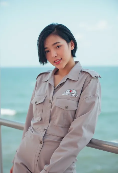 Front Angle, Eye-level Shot, A young Asian woman enjoying a sunny day by the ocean, standing confidently with a soft smile . 20 years old, in a serene and elegant pose. short dark brown hair, fair smooth skin with a natural glow. She wearing Paratrooper un...