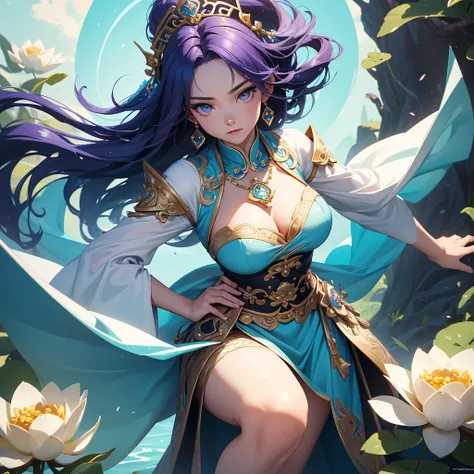 ((Masterpiece)), ((Best Quality)), 8K, HD close up of a woman in a sexy white gold low-cut lace armor cleavage big breasts with a lotus flower in her hand, head jewelry, violet necklace, jade belt , toned abs, a beautiful fantasy empress, ((a beautiful fan...