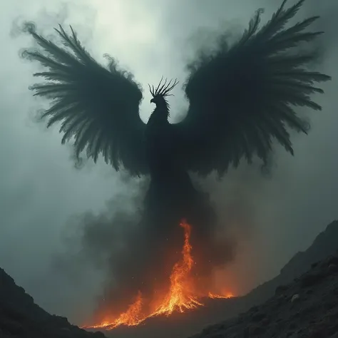 Terrifying creature made of black smoke and ember similar to the balrog from lord of the rings but is instead a gargantuan elemental phoenix made of rolling smoke and shadows. Its entire body is pluming smoke rather than physical and is actively in flight ...