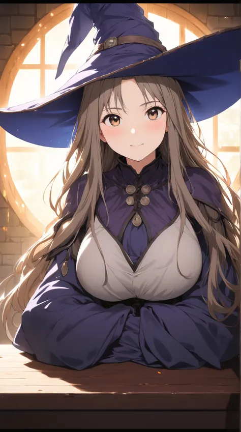 1 girl, (cute face), 18 years old, to many hairstyle, (curious), (blush), large breasts, slim, (wearing fantasy game style witchs costume, Kurta), (witchs Hat:1.2), (leaning forward:1.2), (sitting, breast rest on table), looking at viewer, for glossy skin,...