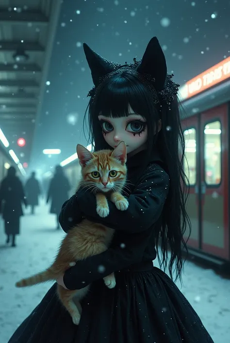 panoramic, whole body, (snow，snow花飞舞， busy train station， Cats Hugged by Beautiful Anime-Style Girls ,  heavy gothic makeup )  Starry Nights , ((Matthias_Adolson style!)),   Gloomy and Foggy Atmosphere  ,  surrealism , Gentle absurdity,   Attraction and Re...