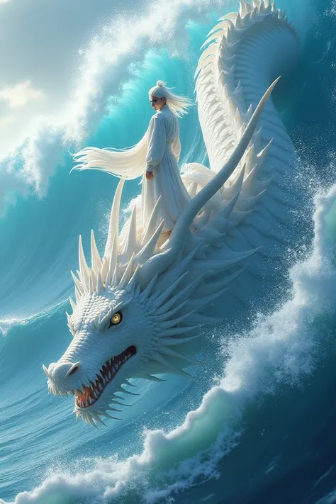 given a picture of a young man with long white hair wearing white samurai clothes standing on the head of a white dragon surrounded by blue sea waves with a hyper realistic image