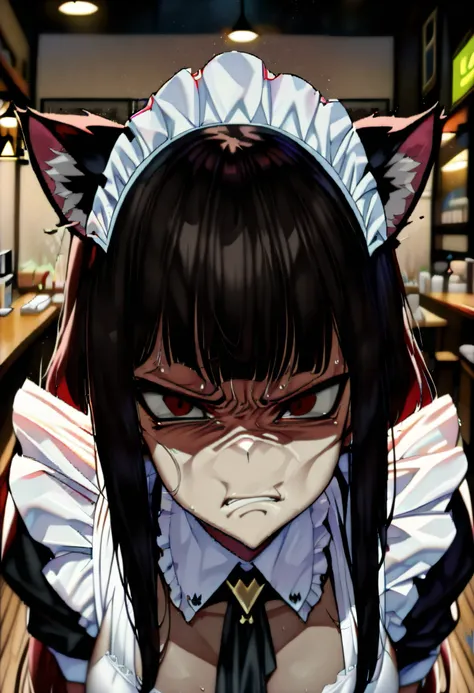 ( masterpiece ,  better quality :1.2),Alone, ( 1 female,Maid Junkotvvxl),light skin, Sweaty skin , black hair,  straight bangs , cat ears, red eyes, in a coffee shop,(Frown, disdain, endured cara ),( look of disgust:1.9),[fish eye]