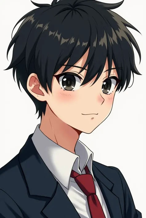 draw me a guy  , so that he has light skin  , dark - really black hair  , thin fox eyes of black color  , 2 moles on his face and hair that is not too short and not too long. let him look straight at the camera in a school uniform  , like for a school year...