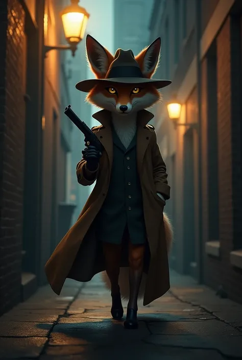 "A fox with sleek fur, wearing a trench coat and fedora hat, holding a silenced pistol, set in a dark alley illuminated by flickering streetlights."