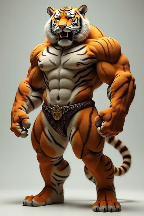 A fluffy muscle bara tiger wearing thongs