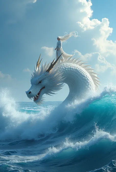 given a picture of a young man with long white hair wearing white samurai clothes standing on the head of a white dragon surrounded by blue sea waves with a hyper realistic image