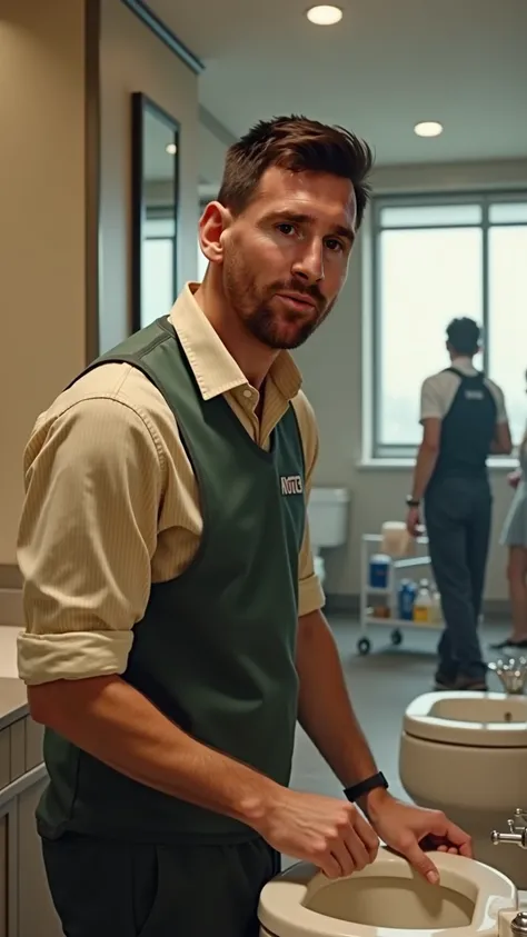 the famous Lionel Messi depicted as a hotel employee in the United States, humbly working as a janitor. The character is in the bathroom of a modern hotel. He wears a typical housekeeping uniform: a light shirt with rolled-up sleeves, and a vest with a sma...