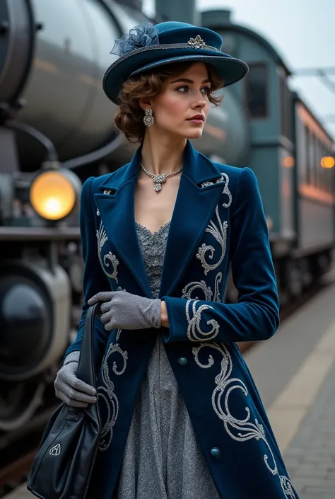 A beautiful young European woman from the early 20th century, wearing a midnight blue velvet jacket with platinum silver embroidery in swirling art nouveau designs. The jacket transitions into a shimmering silver silk skirt, trimmed with midnight blue lace...