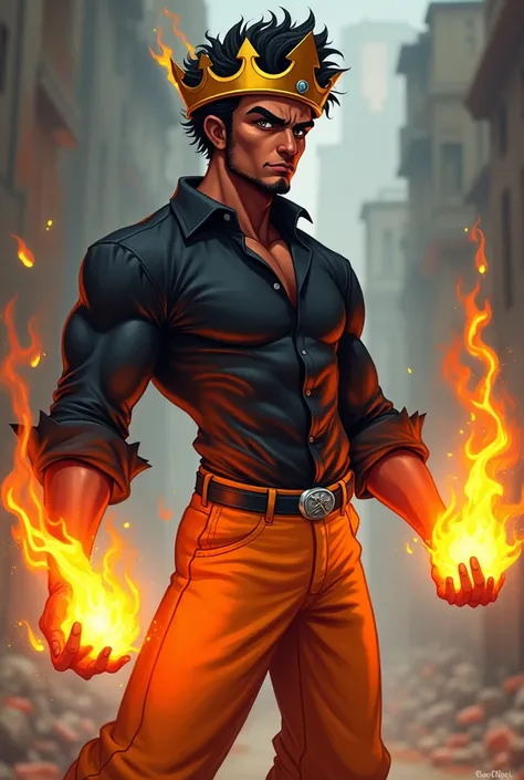 Create a Cartoon character: man with black skin and gray eyes with a crown and with a black blouse with fire in his hands and orange pants