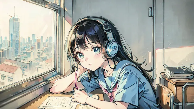  80s city pop style illustration、 studying、Woman wearing headphones、 nostalgic 、School