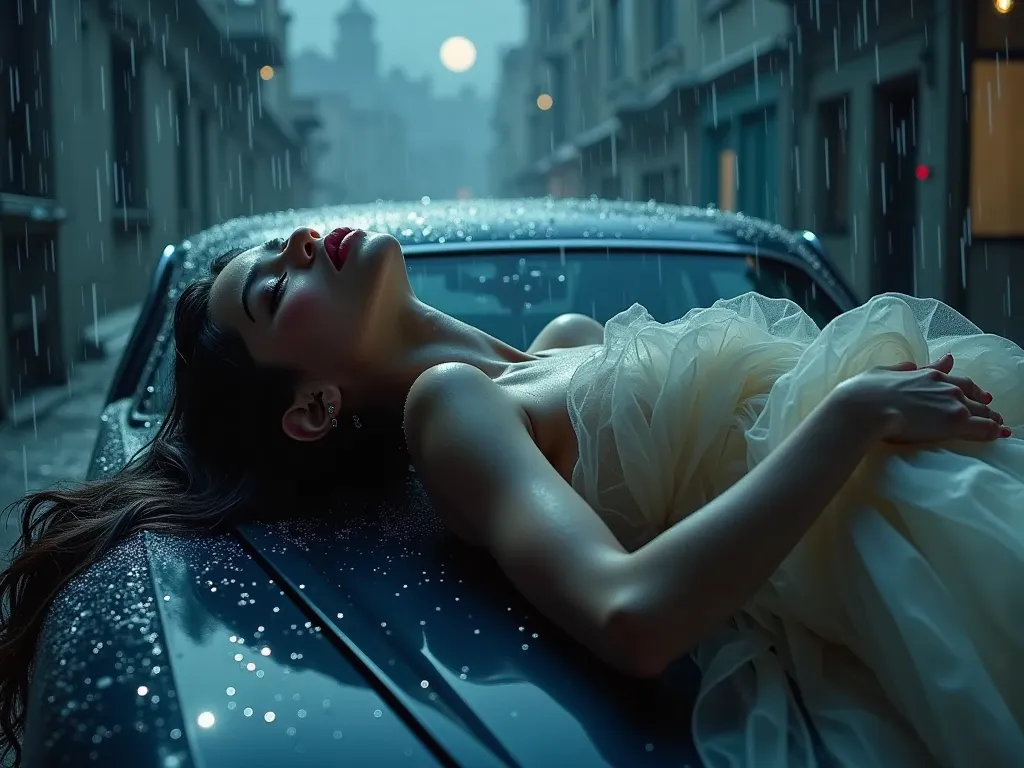 A photorealistic girl with a mesmerizing gaze, lie back on the super-car hood with folded arms on the chest, battered by a torrential windstorm and heavy rain, wrapped with a flowing long tulle scarf, showcasing flawless legs and heels,spread legs, with fl...