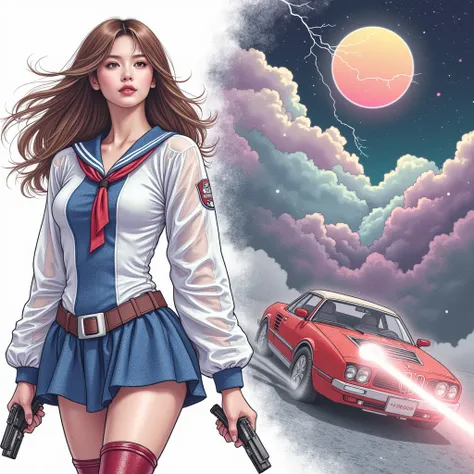 Stand in front of the car、Pen drawing、 Beauty in a Sailor Suit 、39 years old、 Super Realistic Illustration from the 2000s 、 Holding a Hand Blaster 、Korean、 long hair、 Cloud and Star Fashion 、Wearing a space suit 、 glitter dress、赤い電気自動Stand in front of the ...