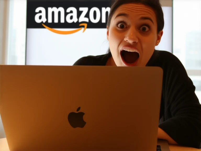 Imagine a person sitting at a desk, their eyes wide and mouth slightly open in surprise. They are looking at a laptop screen, which is glowing brightly. In the background, you can see the Amazon logo prominently displayed, perhaps on a poster or a digital ...